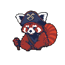 A pixelated red panda pirate, complete with tricorn hat, cravat, and cutlass, strikes a curious pose against a black background. This charming character embodies a blend of cuteness and playful adventure.