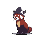This adorable pixel art shows a red panda wearing a dark purple witch's hat, sitting with a sweet, shy expression. The cozy color palette and whimsical hat give off a cute, autumnal vibe.