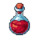 A vibrant red potion glows within a pixelated glass bottle, sealed with a cork and hinting at magical possibilities. This classic RPG-style item is rendered in clean, eye-catching pixel art.