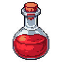 A pixel art potion bottle filled with vibrant red liquid and sealed with a cork, reminiscent of a classic fantasy RPG item. The simple design and clean lines give it a sense of utility and intrigue.