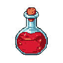 A pixel art potion bottle glows with vibrant red liquid, hinting at magical properties within its simple glass container and brown cork. This solitary icon evokes classic fantasy adventures and the promise of potent power or healing.