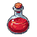 This pixel art depicts a mysterious glass bottle filled with shimmering red liquid, reminiscent of a magical potion. The simple color scheme and stark black background emphasize the bottle's iconic shape and the vibrant, possibly viscous, contents.