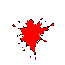 A stark red splatter bursts against a black void, its jagged edges radiating outwards in a minimalist depiction of impact. The centered composition emphasizes the suddenness and starkness of the crimson blotch.