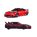 This pixel art showcases a vibrant red Toyota Supra above a sleek, reddish-purple sports car, celebrating classic and modern automotive design. The stark black background emphasizes the cars' distinct forms and contrasting color palettes.