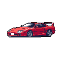 This pixel art image showcases a red, 90s-era Japanese sports car, reminiscent of a Mitsubishi GTO/3000GT. The detailed rendering and vibrant color palette evoke a sense of nostalgia for classic video games.