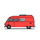 This pixel art features a bold, red van in profile, rendered with a retro aesthetic. The simple design and limited color palette evoke a sense of vintage travel and classic video games.