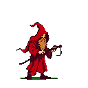 A pixel art wizard, cloaked in red and wielding a dark wand, stands on a patch of green, his long beard obscuring his face. The simple design and limited palette evoke a classic fantasy feel.