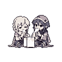 Two chibified figures with cloaks share a quiet meal from a small container, their simple expressions suggesting peaceful companionship. The limited color palette and dark background create an intimate and slightly melancholic atmosphere.