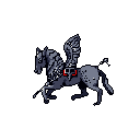 A powerful pixel art Pegasus, rendered in cool blue-grey tones, rears against a stark black background, its wild mane and feathered wings adding to its majestic presence. A single red marking on its flank provides a striking, enigmatic detail.