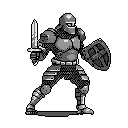 A pixel art knight stands ready for battle, sword raised and shield emblazoned with a cross at the ready. Encased in grayscale armor, the figure exudes stoic strength in a classic fantasy style.