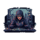 A hooded figure with glowing eyes intensely focuses on an electronic device, bathed in the warm glow of a screen, suggesting a late-night session of music production or hacking. The subject is surrounded by studio monitors, implying an audio-related context.