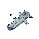 A heavily armored spaceship, rendered in cool blue-grey pixel art, appears to be in flight against a black backdrop. Its blocky, industrial design and dynamic angle convey a sense of motion and ominous purpose.