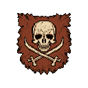 This pixel art features a classic pirate Jolly Roger: a bone-colored skull above crossed sabers, set against a tattered reddish-brown banner. The emblem evokes a sense of retro adventure and danger with its muted, earthy color palette.