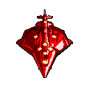 A striking, top-down pixel art image showcases a complex, red spacecraft design, hinting at advanced and perhaps ominous technology. The asymmetrical craft features wing-like structures and bright window details, creating a futuristic and captivating focal point.