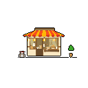 A charming pixel art bakery with a striped awning displays tempting treats in its window, creating a cozy and inviting scene. The warm color palette and simple details evoke a quaint, independent business.