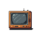 This pixel art showcases a vintage box television, complete with static on the screen and an extendable antenna, rendered in warm, nostalgic browns and oranges. The glowing power light and tuning knobs add to the charm of this retro tech piece.