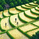 Pixel art depicts three figures tending to a lush, terraced hillside of rice paddies, evoking a sense of peaceful, traditional agriculture. The figures appear small against the vast landscape, emphasizing their connection to the land and its rich, verdant foliage.