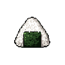 A simple pixel art onigiri, rendered in contrasting off-white and dark green, stands alone against a stark black background. This minimalist design evokes a sense of classic comfort food and nostalgic pixelated simplicity.