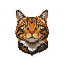 This pixel art portrait captures a regal tabby cat with alert golden eyes and intricate fur detailing. The warm color palette and direct gaze create a sense of quiet observation and focused attention.