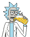 Pixel art Rick Sanchez takes a swig of beer with a signature look of jaded enjoyment. The low-resolution style captures his iconic features in vibrant, cartoonish colors against a stark black background.