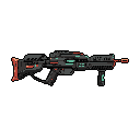 This pixel art showcases a sleek, futuristic weapon, possibly an energy rifle, rendered in dark grey with vibrant cyan-green and orange-red accents suggesting advanced technology. The detailed design evokes a sense of power and precision, ready for action.