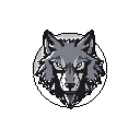 This pixel art emblem features a striking, monochromatic wolf head, its intense gaze and sharp features conveying strength and wildness. The stylized design, with its stark contrasts and retro aesthetic, makes it a powerful and timeless symbol.
