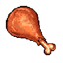This pixel art shows a delicious-looking, roasted chicken leg, rendered in warm tones with a glossy sheen. The isolated drumstick, likely an inventory item, hints at food or sustenance within a game.