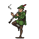 A pixel art ranger strikes a lively pose, joyfully playing a flute, suggesting a moment of bardic celebration. His green tunic, feathered cap, and quiver hint at adventure, while the simple style evokes classic fantasy RPGs.