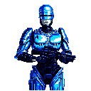 This pixel art shows a stern, blue-toned RoboCop standing rigidly with hands clasped, rendered in a classic, monochromatic style. The pixelated shading highlights the metallic armor, capturing the iconic robotic figure.