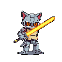 This pixel art showcases a fierce catbot ready for battle, gripping a glowing energy sword with intense orange eyes focused ahead. The robotic feline's determined stance and vibrant color palette create an energetic sci-fi vibe.