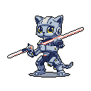 This pixel art features an adorable, 16-bit robot cat warrior poised for action, wielding glowing red energy swords. The character's metallic design and combat stance create a cool contrast with its cute facial features.