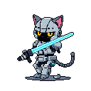 A robotic, cat-like warrior stands ready, its glowing yellow eyes piercing the darkness as it brandishes a light-blue energy sword. This "mecha cat" blends futuristic technology with feline features, creating a formidable yet intriguing figure.