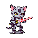A robotic cat warrior stands ready, brandishing a glowing red energy sword with a focused expression. This detailed pixel art sprite blends feline cuteness with formidable robotic armor, creating a charming yet powerful character.