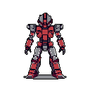 A stoic, red and gray mecha stands ready in this pixel art image. The robot's rigid pose and monochromatic color scheme evoke a futuristic and industrial feel.