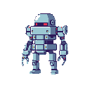 A retro-styled pixel art robot with a blocky design stands tall, its blue-gray metallic body accented by red and yellow details. The robot's solid construction and subtle shading evoke a sense of nostalgic sci-fi.