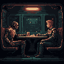 In a quiet, contemplative scene, a blond-haired human shares a table with a metallic robot inside a futuristic vehicle, perhaps engaged in conversation as stars drift by outside. The pixel art evokes a nostalgic yet sci-fi vibe, hinting at a unique bond between the two figures.