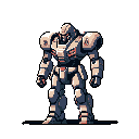 This pixel art showcases a powerful, greyish-blue mech in a strong pose. Glowing red accents and intricate armor details add visual interest to the imposing figure. The black background isolates the mech, emphasizing its strength and creating a foreboding atmosphere.