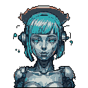 A futuristic android or cyborg bust is depicted in detailed pixel art, featuring striking turquoise hair, pale blue eyes, and metallic components suggesting synthetic construction. The cool-toned color palette and neutral expression create an enigmatic and melancholic sci-fi portrait.