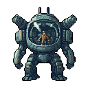 A pixel art image depicts a heavily armed, bipedal mech piloted by a human figure visible in its central cockpit. The machine's weathered, industrial design and muted color palette suggest a utilitarian purpose within a rugged setting.