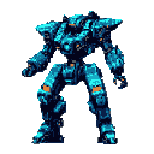 A powerful, blue and gray pixel art mecha stands ready for action, highlighted with orange accents. The design emphasizes technological sophistication and a sense of impending power.