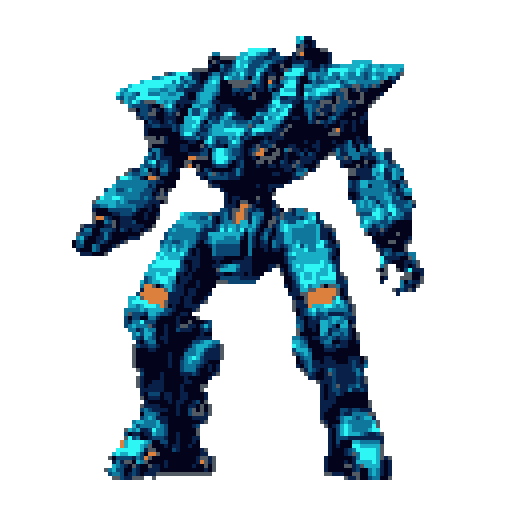 A powerful, blue-toned mech dominates the frame, rendered in intricate pixel art and poised for action. Its cool metallic design and orange accents create a striking, industrial aesthetic.