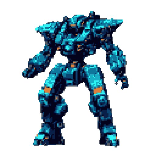 A powerful, blue-toned mech stands tall with intricate pixelated details, exuding technological prowess. The design features cool metallic shades of blue accented by orange and against a neutral gray background.