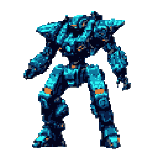 A powerful, blue-toned robotic mech stands ready in this pixel art creation, its design a blend of industrial strength and retro charm. Orange accents highlight the intricate details of its armored form.