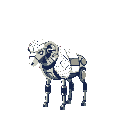 A futuristic robotic ram, rendered in striking pixel art with a limited palette of whites, grays, and blues, stands poised with visible mechanical details. The intriguing design blends organic and artificial elements, creating a captivating image.