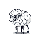 This pixel art image features an adorable, gray-scale sheep with stylized, possibly robotic, limbs. The fluffy creature gazes slightly at the viewer with a neutral expression, creating a simple yet charming design.