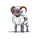 This pixel art showcases a charming robotic sheep, blending fluffy wool with metallic components and vibrant orange accents. The whimsical design features a unique hybrid creature with a playful yet futuristic aesthetic.