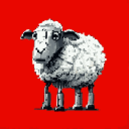 A pixel art sheep with fluffy white and grey wool stands out against a stark red background, its natural form strangely juxtaposed with robotic stilts for legs, creating a surreal and unsettling image.