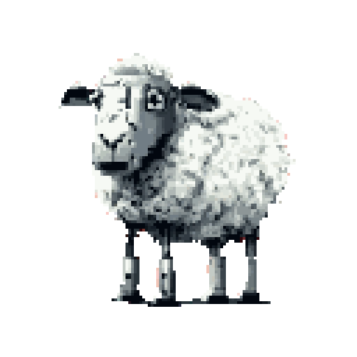 A pixelated sheep stands out against a vibrant red background, its woolly texture rendered in charmingly blocky grayscale. The minimalist style and stark contrast create a surreal and whimsical effect.
