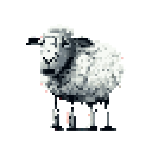 This pixel art image features a charming, grayscale sheep rendered in a retro style. The quirky, minimalist design focuses on the textured wool against a stark red background.