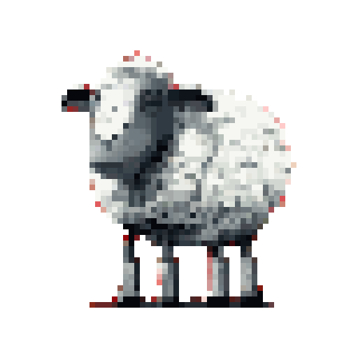 A pixel art sheep stands in simple grayscale against a striking red background, creating a minimalist and visually energetic image. The sheep's neutral expression and static pose add to the stark beauty of the piece.